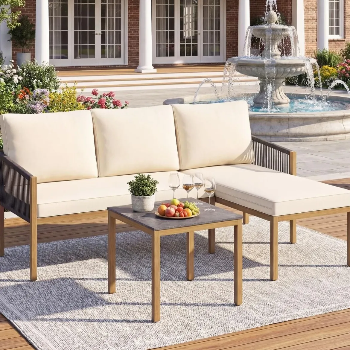 Gartenlounge mit Tisch & Kissen 3-teilige Sitzgruppe Gartenmöbel Sitzgarnitur für Garten