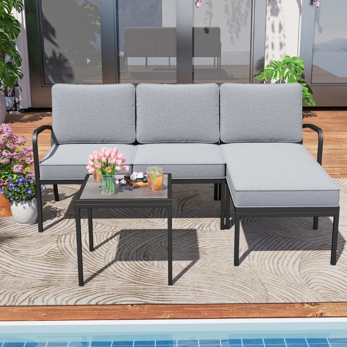 Gartenlounge 3-teilig Gartenmöbel Set Outdoor Lounge mit Tisch und Kissen Grau