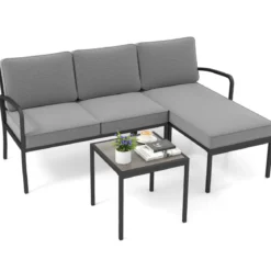 Gartenlounge 3-teilig Gartenmöbel Set Outdoor Lounge mit Tisch und Kissen Grau