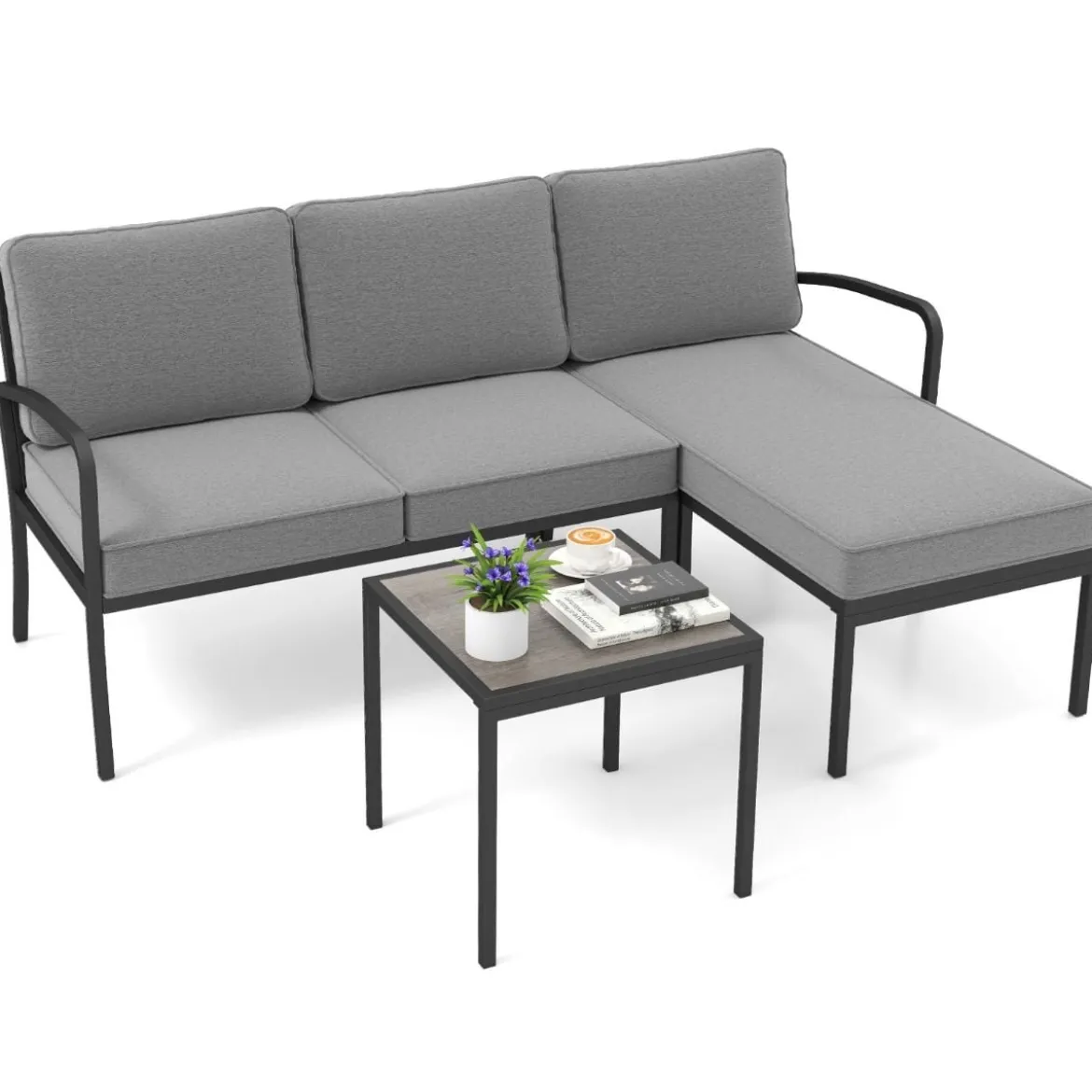 Gartenlounge 3-teilig Gartenmöbel Set Outdoor Lounge mit Tisch und Kissen Grau