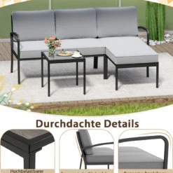 Gartenlounge 3-teilig Gartenmöbel Set Outdoor Lounge mit Tisch und Kissen Grau