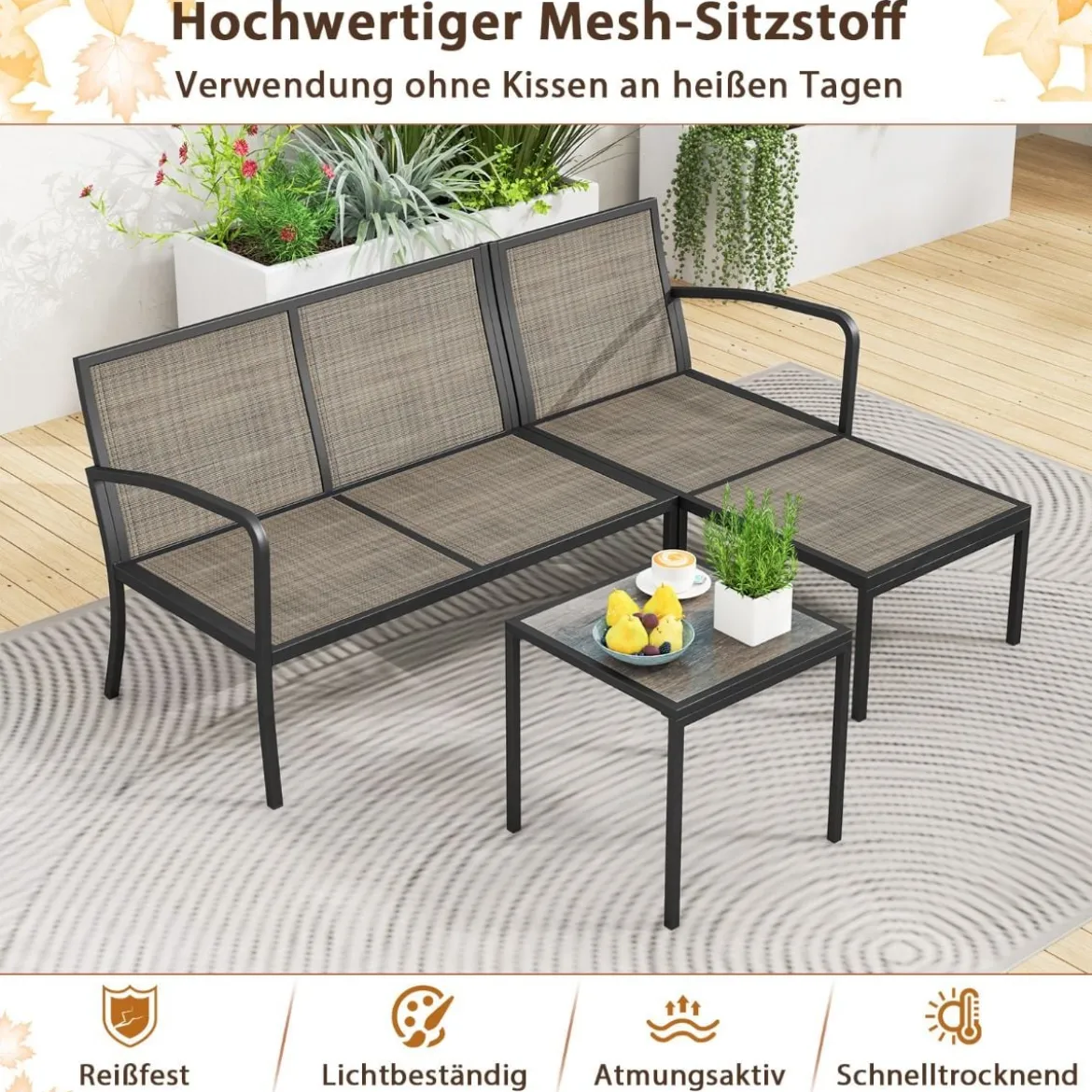 Gartenlounge 3-teilig Gartenmöbel Set Outdoor Lounge mit Tisch und Kissen Grau