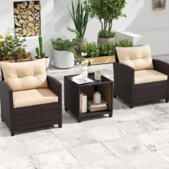 Gartenmöbel Set inkl. 2 Stühle mit Sitzkissen & Tisch Rattan Balkonmöbel Gartenlounge Sitzgruppe Set Braun