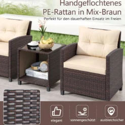 Gartenmöbel Set inkl. 2 Stühle mit Sitzkissen & Tisch Rattan Balkonmöbel Gartenlounge Sitzgruppe Set Braun