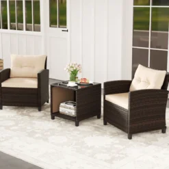 Gartenmöbel Set inkl. 2 Stühle mit Sitzkissen & Tisch Rattan Balkonmöbel Gartenlounge Sitzgruppe Set Braun