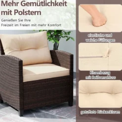Gartenmöbel Set inkl. 2 Stühle mit Sitzkissen & Tisch Rattan Balkonmöbel Gartenlounge Sitzgruppe Set Braun