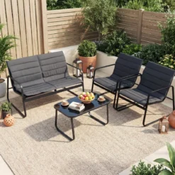Gartenmöbel Set mit 2 Stühlen & Bank & Tisch & Kissen Outdoor Lounge Möbel Sitzgruppe Grau