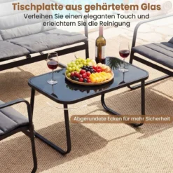 Gartenmöbel Set mit 2 Stühlen & Bank & Tisch & Kissen Outdoor Lounge Möbel Sitzgruppe Grau