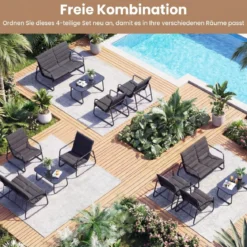 Gartenmöbel Set mit 2 Stühlen & Bank & Tisch & Kissen Outdoor Lounge Möbel Sitzgruppe Grau