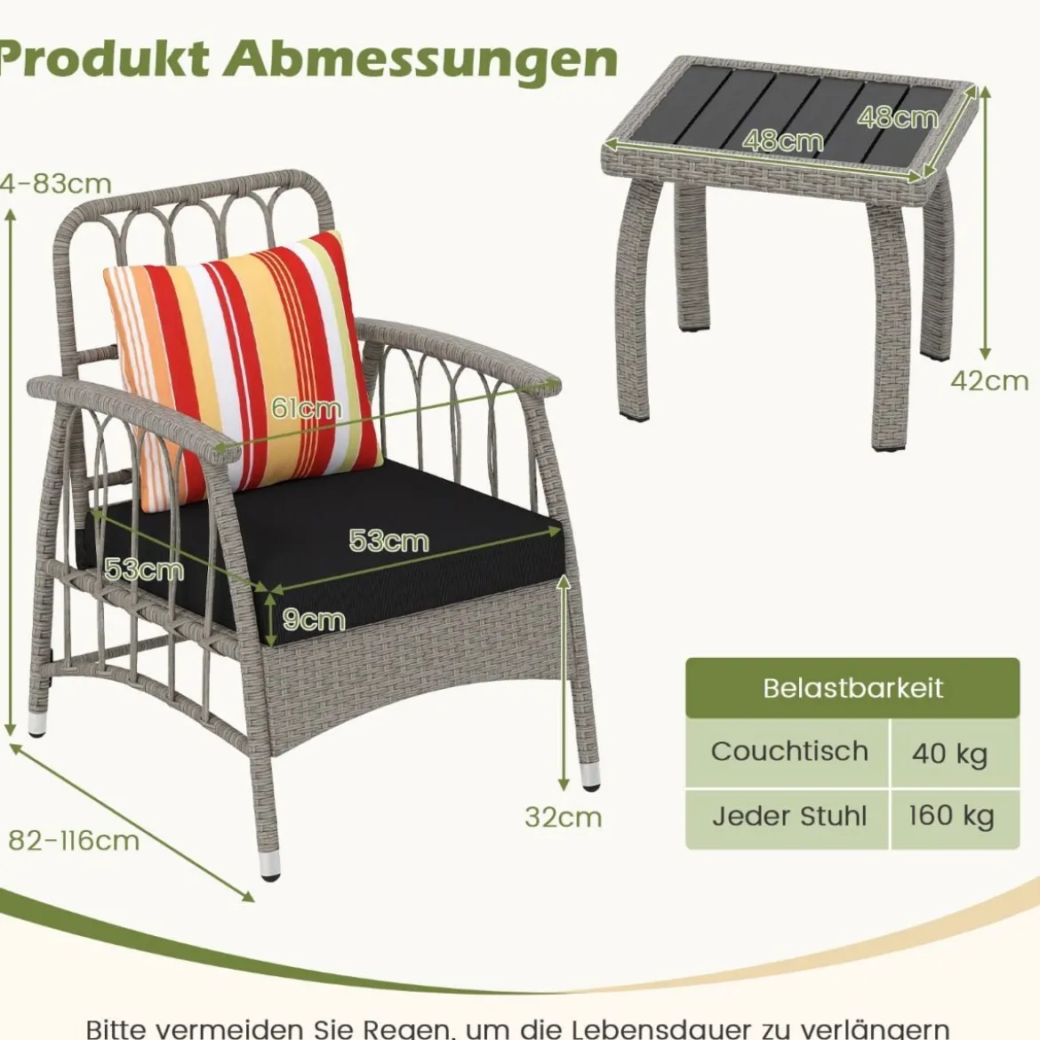 Gartenmöbel Set Polyrattan Balkonmöbel mit 5-stufig Verstellbarer Rückenlehne Rattan Terassenmöbel Tisch
