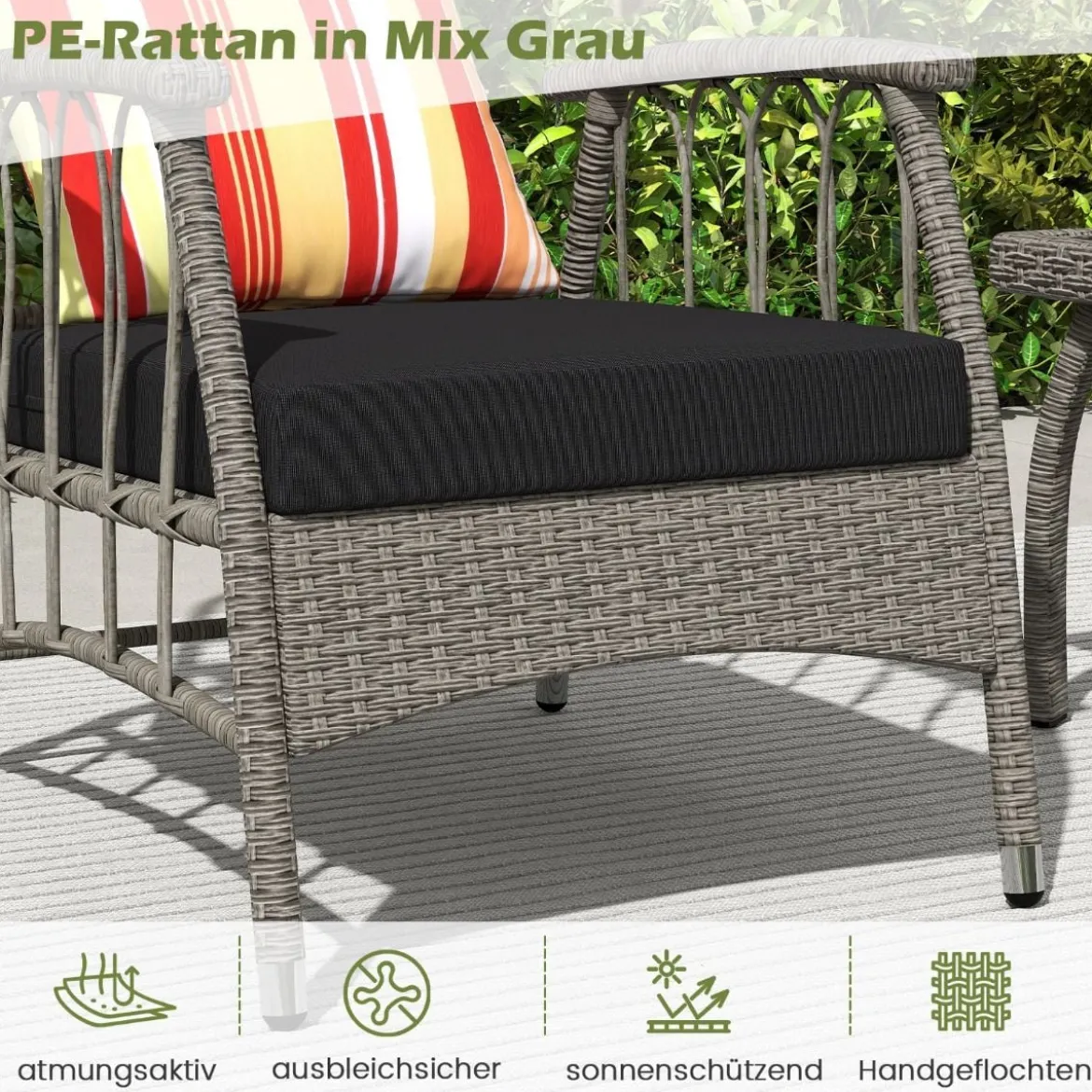 Gartenmöbel Set Polyrattan Balkonmöbel mit 5-stufig Verstellbarer Rückenlehne Rattan Terassenmöbel Tisch