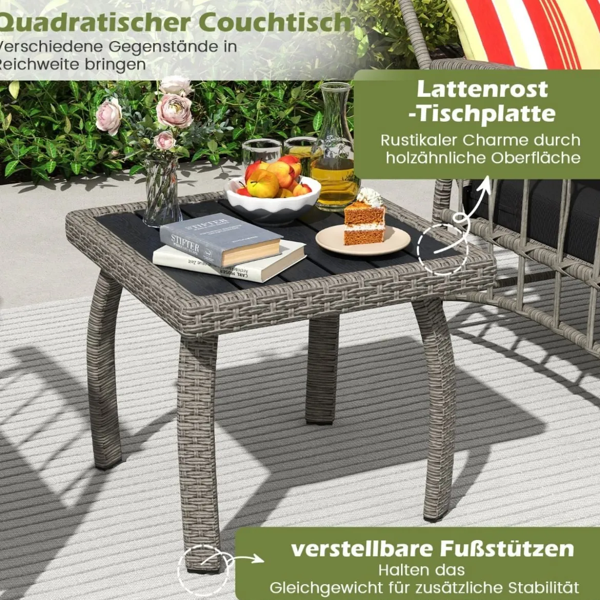 Gartenmöbel Set Polyrattan Balkonmöbel mit 5-stufig Verstellbarer Rückenlehne Rattan Terassenmöbel Tisch