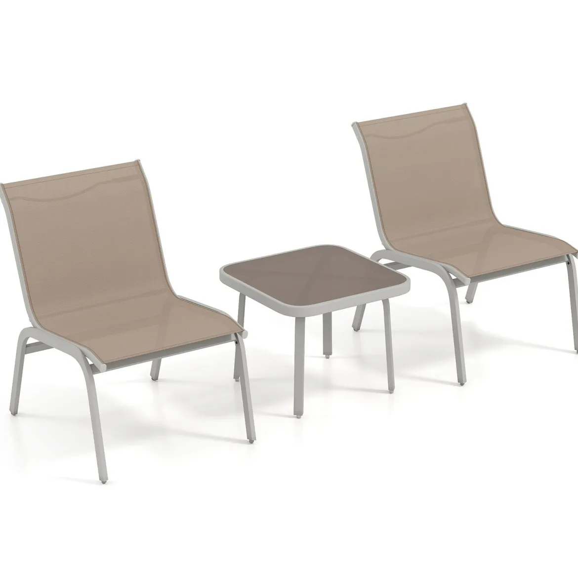 Gartenmöbel Set 3-teilig Balkonset mit 2 Stühlen & Beistelltisch Outdoor Sitzgruppe mit Glasplatte Beige