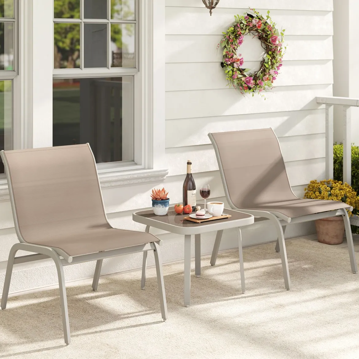 Gartenmöbel Set 3-teilig Balkonset mit 2 Stühlen & Beistelltisch Outdoor Sitzgruppe mit Glasplatte Beige
