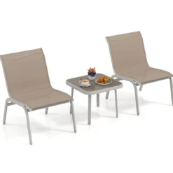 Gartenmöbel Set 3-teilig Balkonset mit 2 Stühlen & Beistelltisch Outdoor Sitzgruppe mit Glasplatte Beige