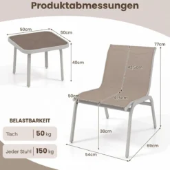 Gartenmöbel Set 3-teilig Balkonset mit 2 Stühlen & Beistelltisch Outdoor Sitzgruppe mit Glasplatte Beige