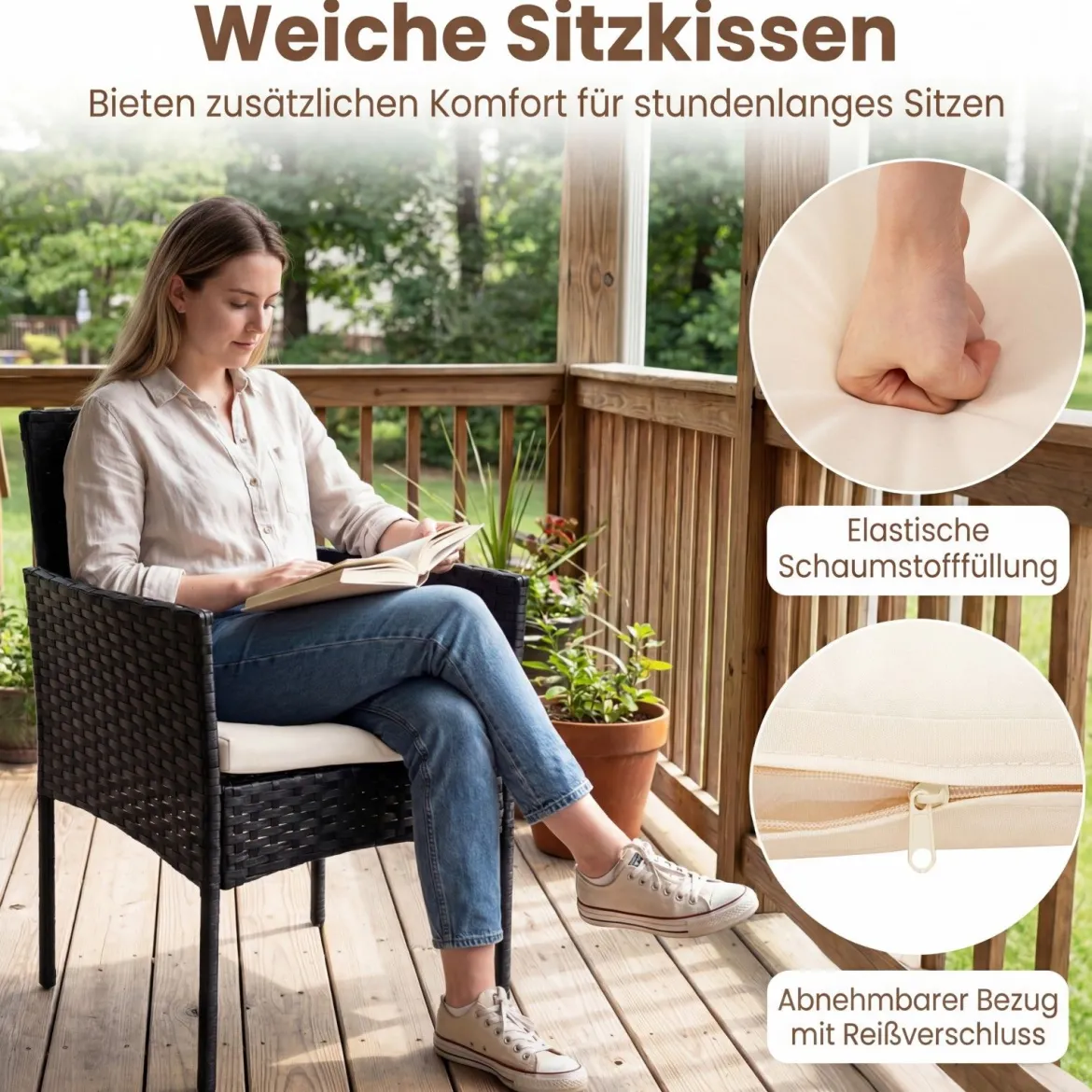 Gartenmöbel Set 3-teiliges Rattan Balkonmöbel mit 2 Stühlen & Gartentisch Beige