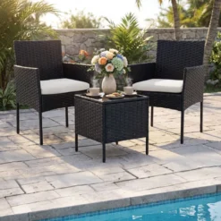 Gartenmöbel Set 3-teiliges Rattan Balkonmöbel mit 2 Stühlen & Gartentisch Beige