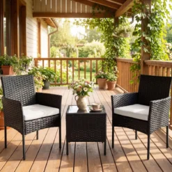 Gartenmöbel Set 3-teiliges Rattan Balkonmöbel mit 2 Stühlen & Gartentisch Beige