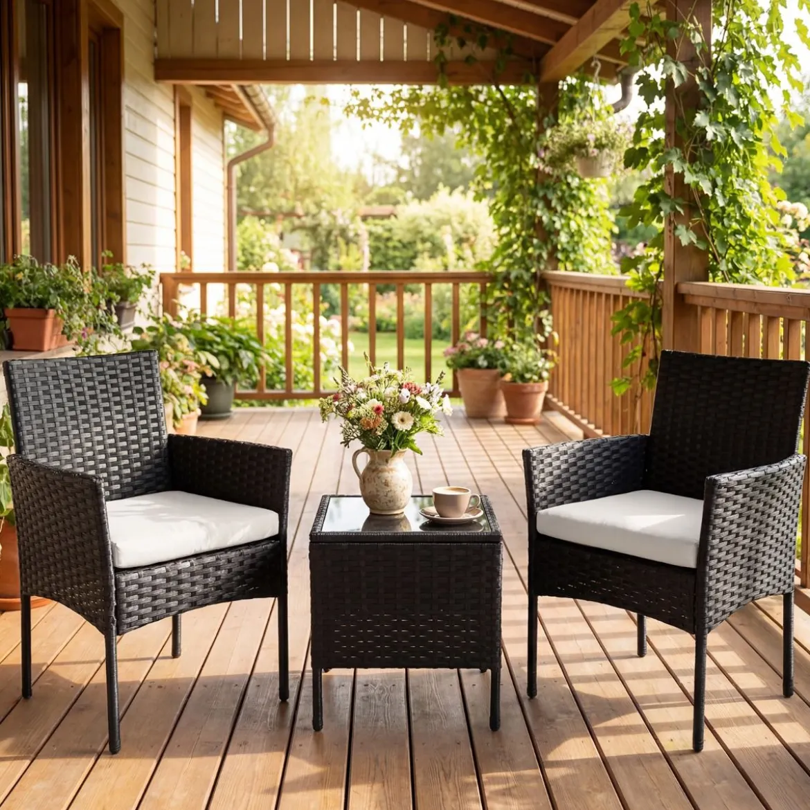Gartenmöbel Set 3-teiliges Rattan Balkonmöbel mit 2 Stühlen & Gartentisch Beige
