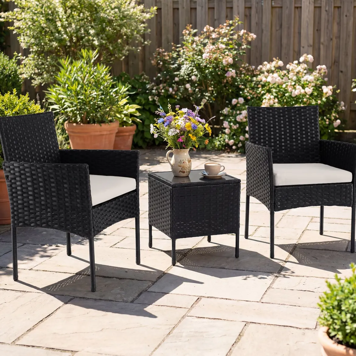 Gartenmöbel Set 3-teiliges Rattan Balkonmöbel mit 2 Stühlen & Gartentisch Beige