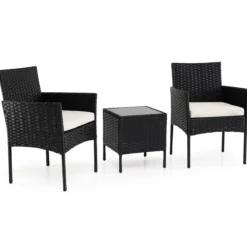 Gartenmöbel Set 3-teiliges Rattan Balkonmöbel mit 2 Stühlen & Gartentisch Beige