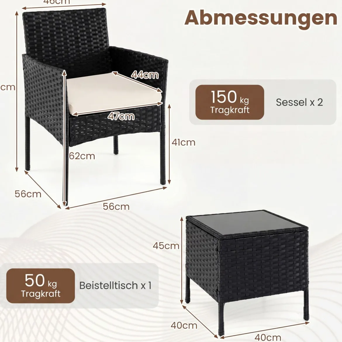 Gartenmöbel Set 3-teiliges Rattan Balkonmöbel mit 2 Stühlen & Gartentisch Beige