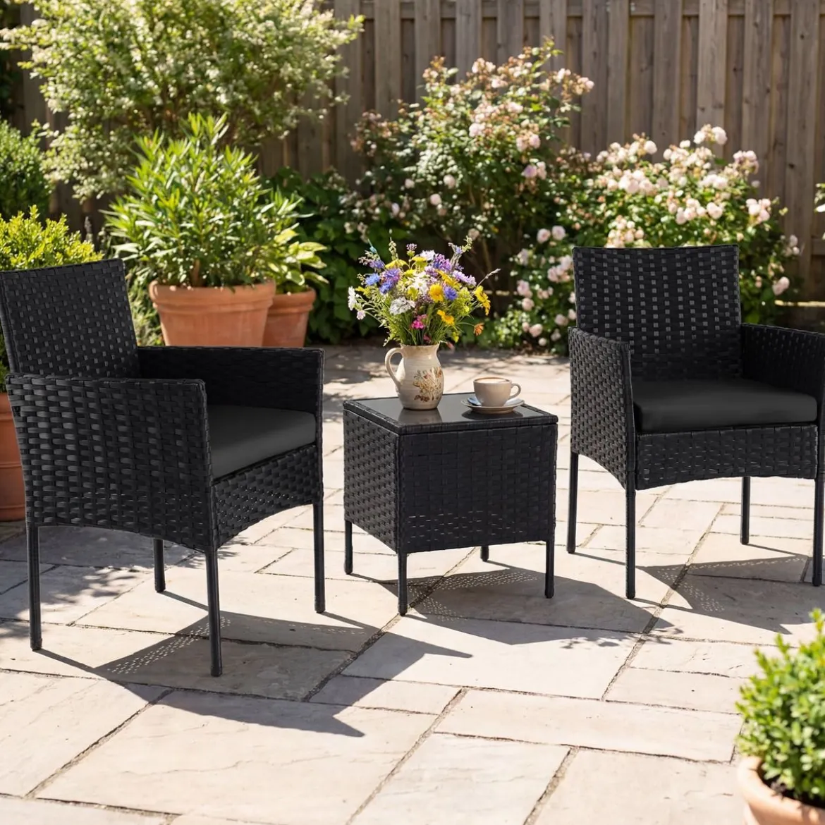 Gartenmöbel Set 3-teiliges Rattan Balkonmöbel mit 2 Stühlen & Gartentisch Outdoor Gartenlounge Schwarz