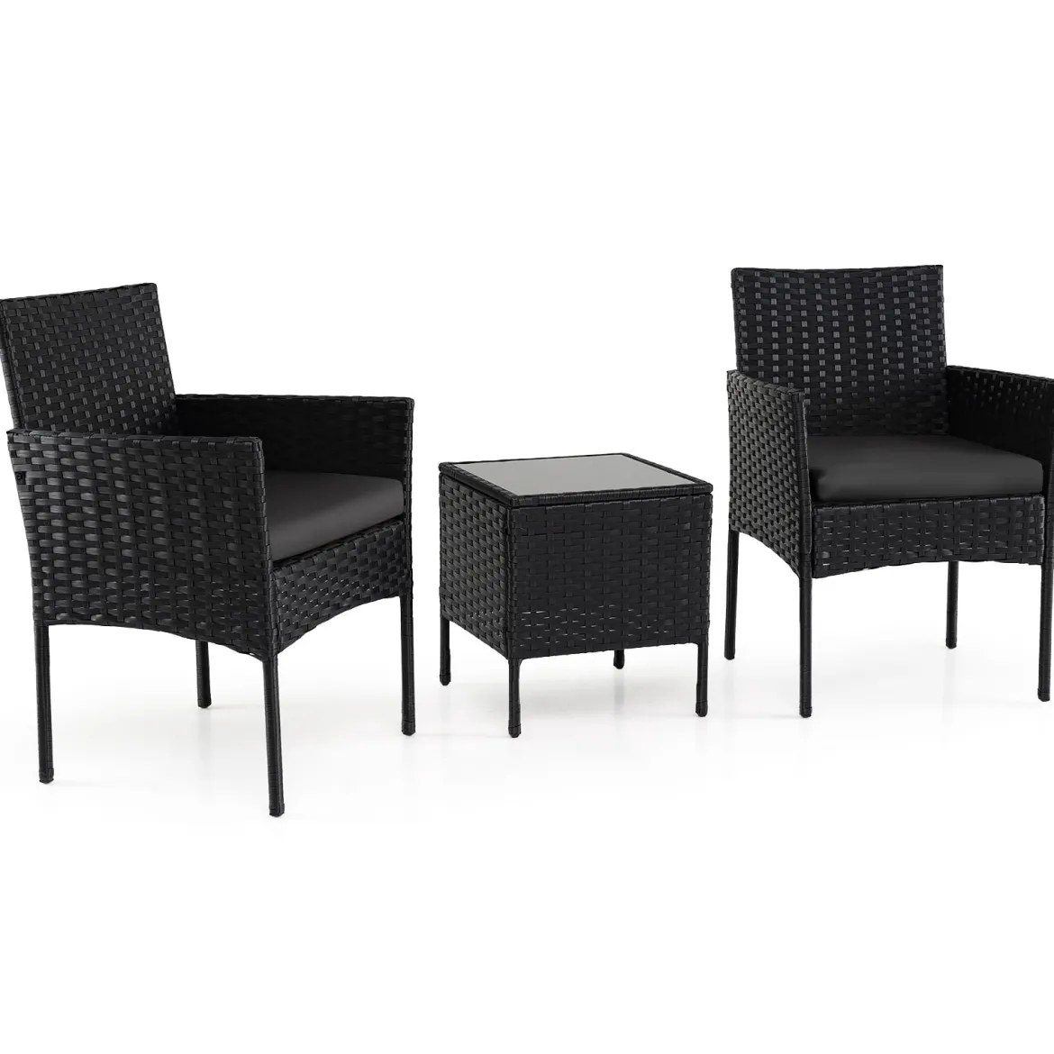 Gartenmöbel Set 3-teiliges Rattan Balkonmöbel mit 2 Stühlen & Gartentisch Outdoor Gartenlounge Schwarz