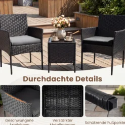 Gartenmöbel Set 3-teiliges Rattan Balkonmöbel mit 2 Stühlen & Gartentisch Outdoor Gartenlounge Schwarz