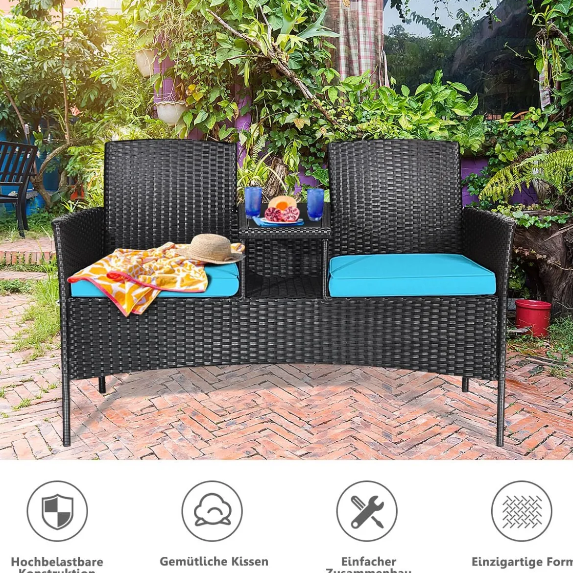 Gartenmöbel-Set Terrassensofa mit Tisch aus Glas 138 x 62 x 85 cm Türkis