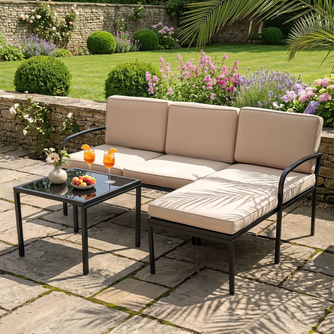 Gartenmöbel 3-teiliges Balkonmöbel mit 2-Sitzer Sofa L-förmigem Sofa & Couchtisch Khaki