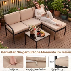 Gartenmöbel 3-teiliges Balkonmöbel mit 2-Sitzer Sofa L-förmigem Sofa & Couchtisch Khaki