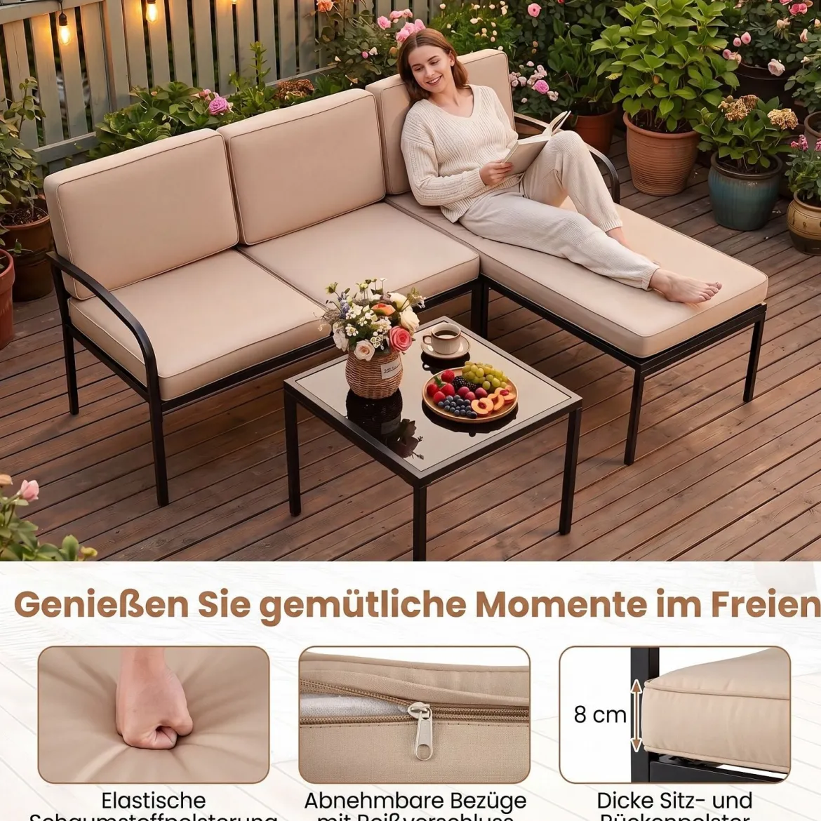 Gartenmöbel 3-teiliges Balkonmöbel mit 2-Sitzer Sofa L-förmigem Sofa & Couchtisch Khaki