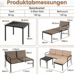 Gartenmöbel 3-teiliges Balkonmöbel mit 2-Sitzer Sofa L-förmigem Sofa & Couchtisch Khaki