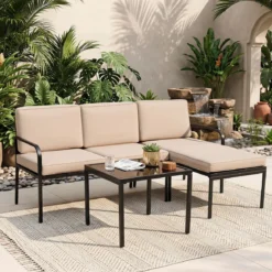 Gartenmöbel 3-teiliges Balkonmöbel mit 2-Sitzer Sofa L-förmigem Sofa & Couchtisch Khaki
