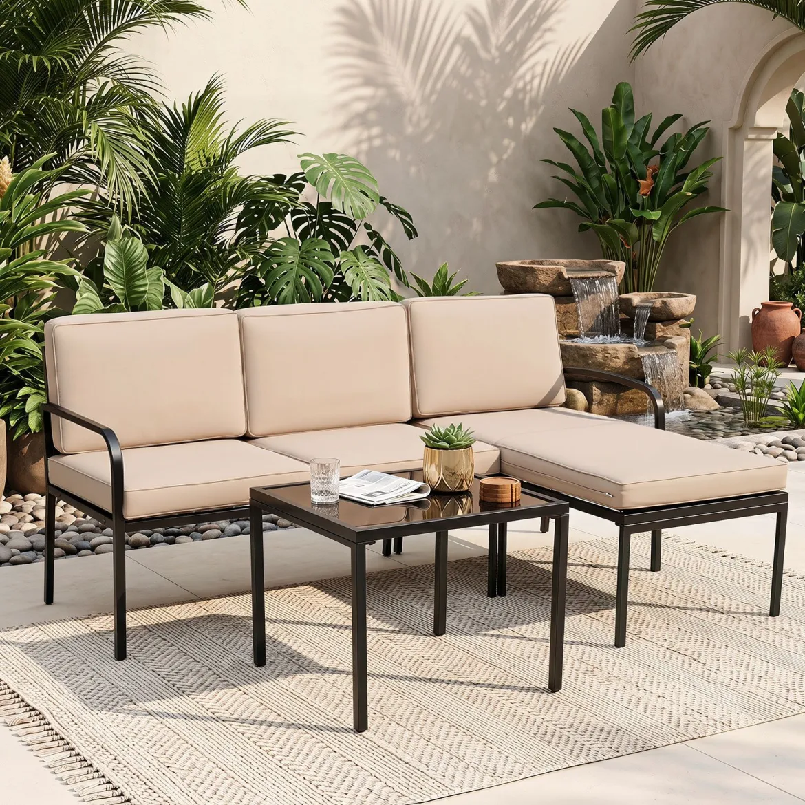 Gartenmöbel 3-teiliges Balkonmöbel mit 2-Sitzer Sofa L-förmigem Sofa & Couchtisch Khaki