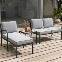 Gartenmöbel 3-teiliges Balkonmöbel mit 2-Sitzer Sofa L-förmigem Sofa & Couchtisch Grau