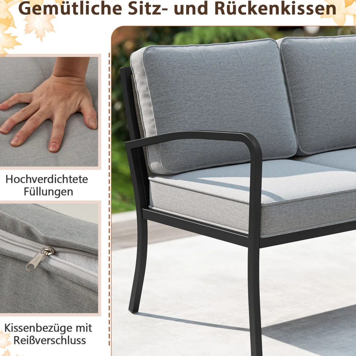 Gartenmöbel 3-teiliges Balkonmöbel mit 2-Sitzer Sofa L-förmigem Sofa & Couchtisch Grau