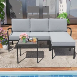 Gartenmöbel 3-teiliges Balkonmöbel mit 2-Sitzer Sofa L-förmigem Sofa & Couchtisch Grau