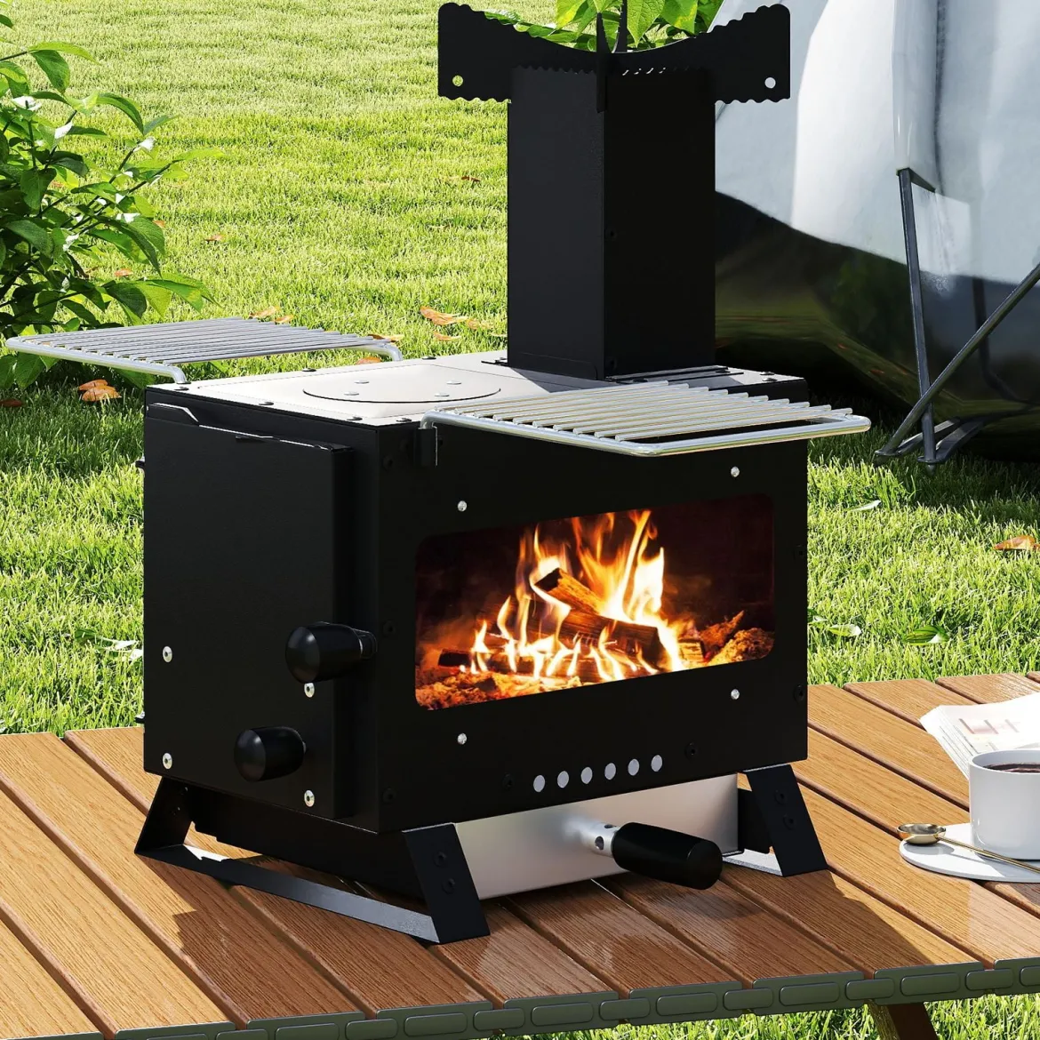 Gartenofen zum Kochen Campingofen mit Topfgestell & Ofenpfanne & 2 Grills Holzofen mit Sichtfenster