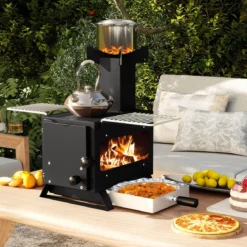 Gartenofen zum Kochen Campingofen mit Topfgestell & Ofenpfanne & 2 Grills Holzofen mit Sichtfenster