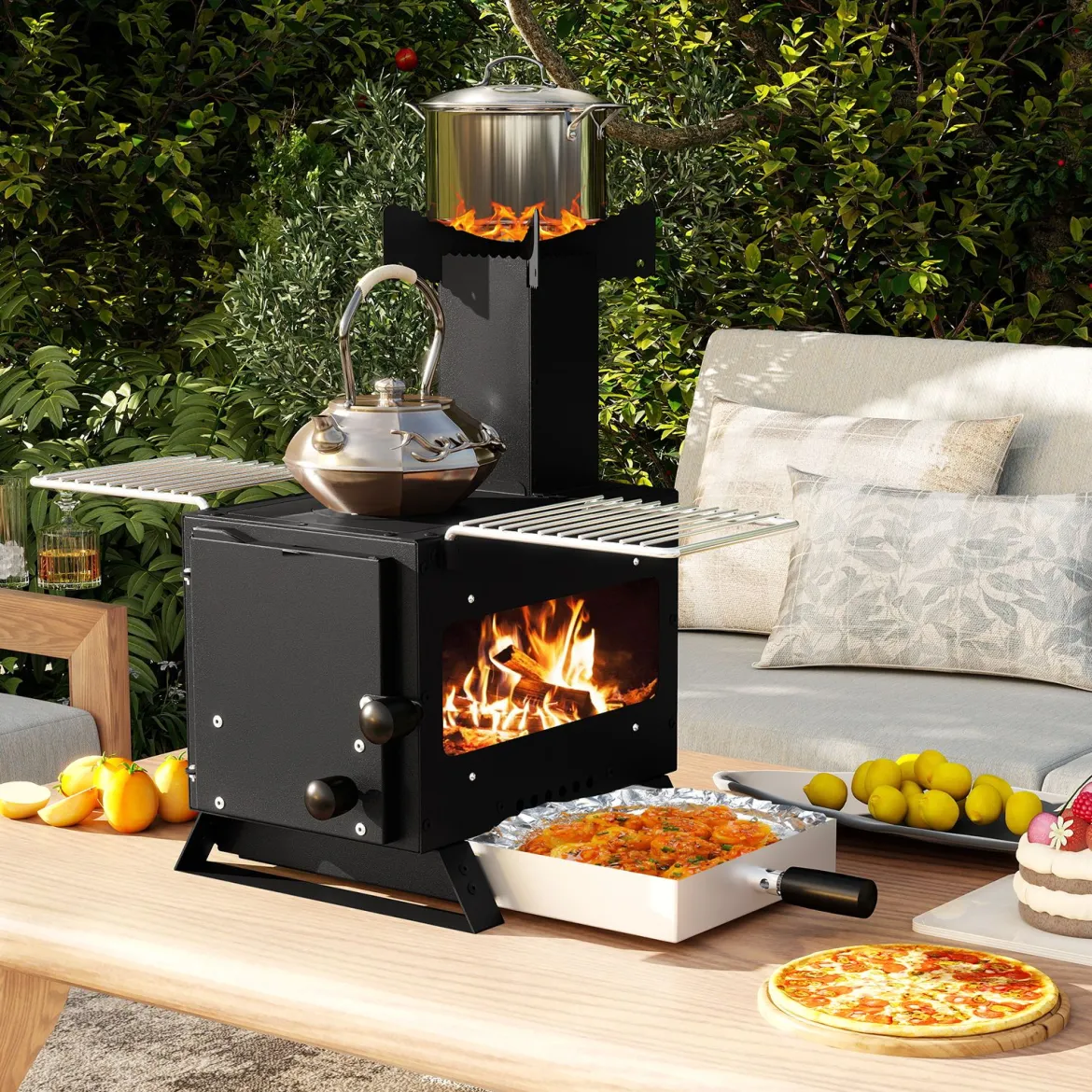 Gartenofen zum Kochen Campingofen mit Topfgestell & Ofenpfanne & 2 Grills Holzofen mit Sichtfenster