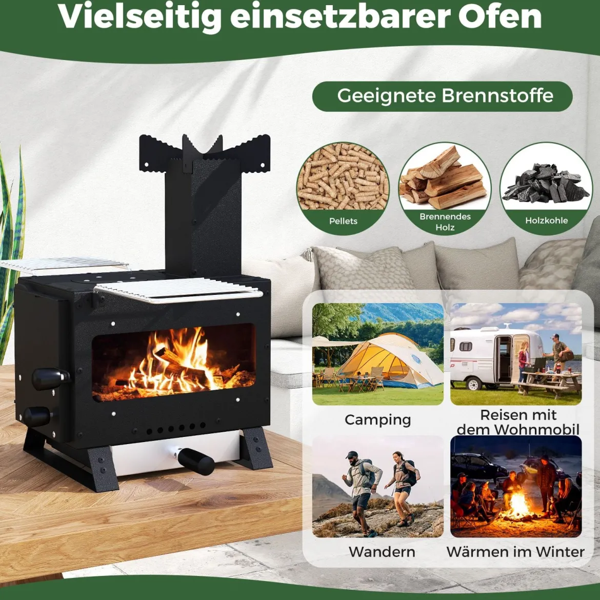 Gartenofen zum Kochen Campingofen mit Topfgestell & Ofenpfanne & 2 Grills Holzofen mit Sichtfenster