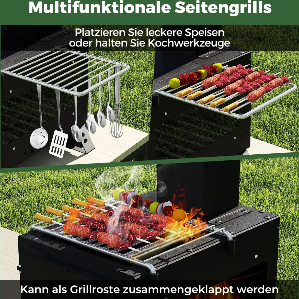Gartenofen zum Kochen Campingofen mit Topfgestell & Ofenpfanne & 2 Grills Holzofen mit Sichtfenster