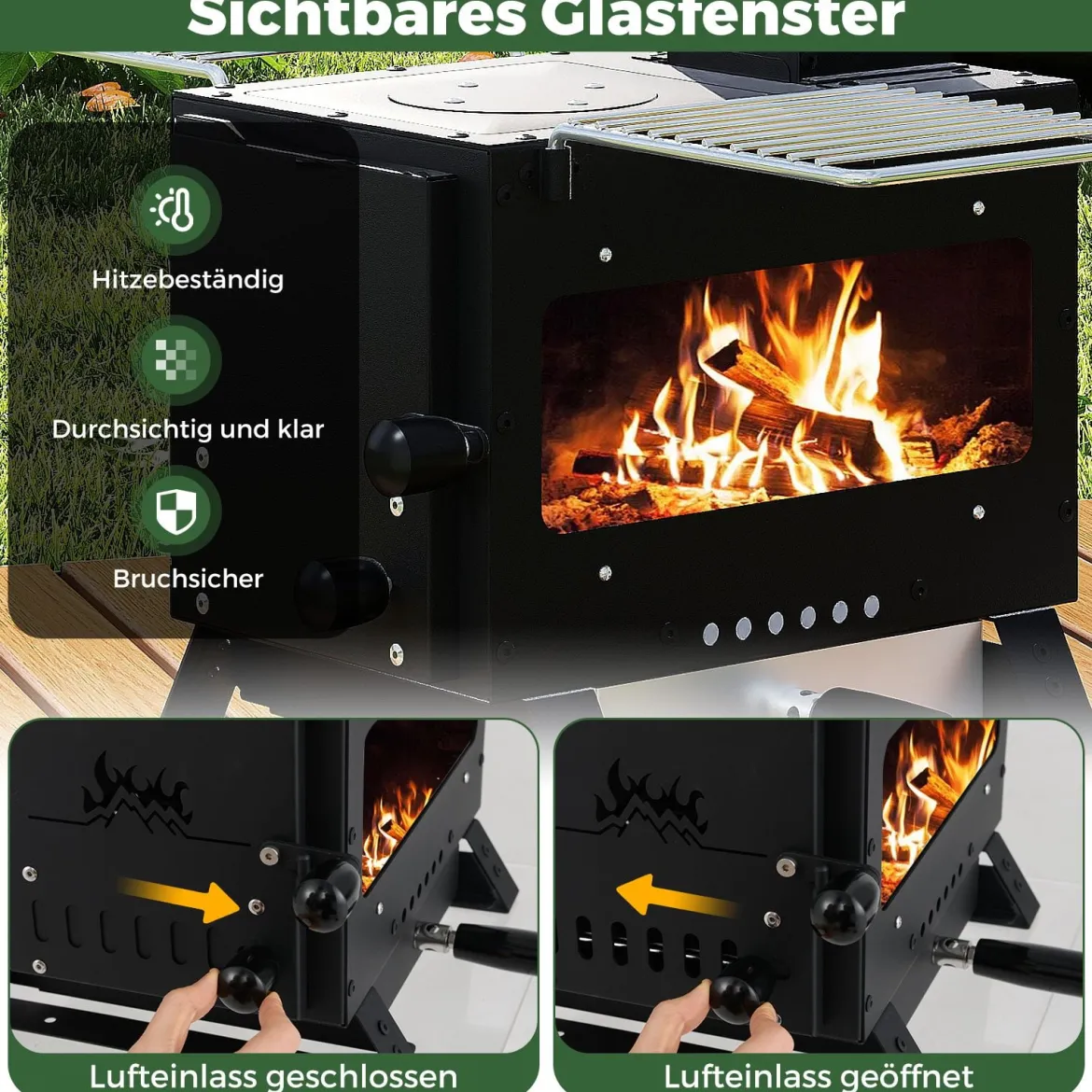 Gartenofen zum Kochen Campingofen mit Topfgestell & Ofenpfanne & 2 Grills Holzofen mit Sichtfenster