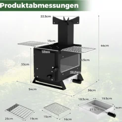 Gartenofen zum Kochen Campingofen mit Topfgestell & Ofenpfanne & 2 Grills Holzofen mit Sichtfenster
