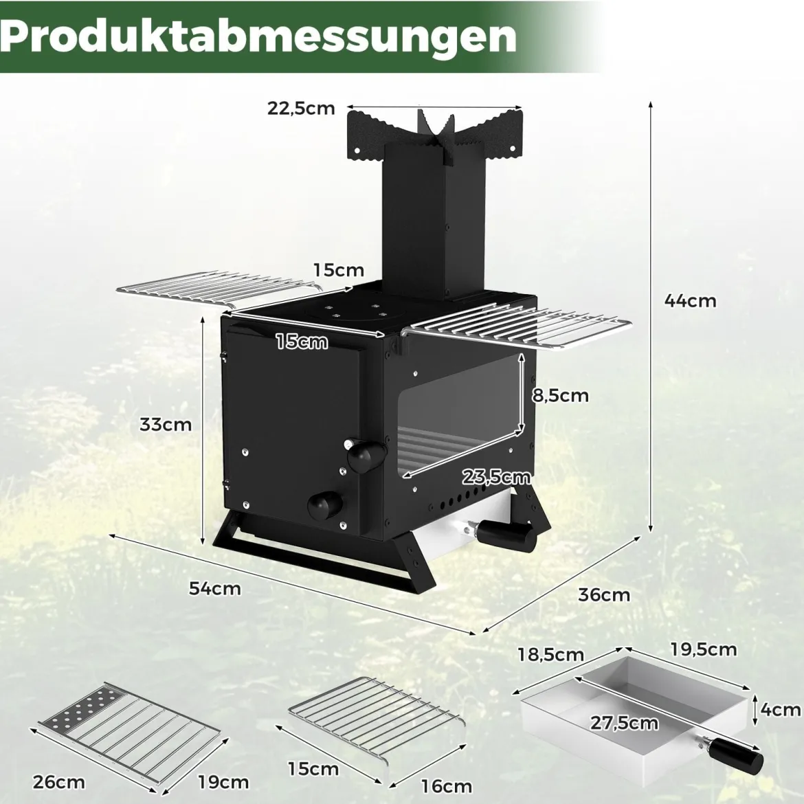 Gartenofen zum Kochen Campingofen mit Topfgestell & Ofenpfanne & 2 Grills Holzofen mit Sichtfenster