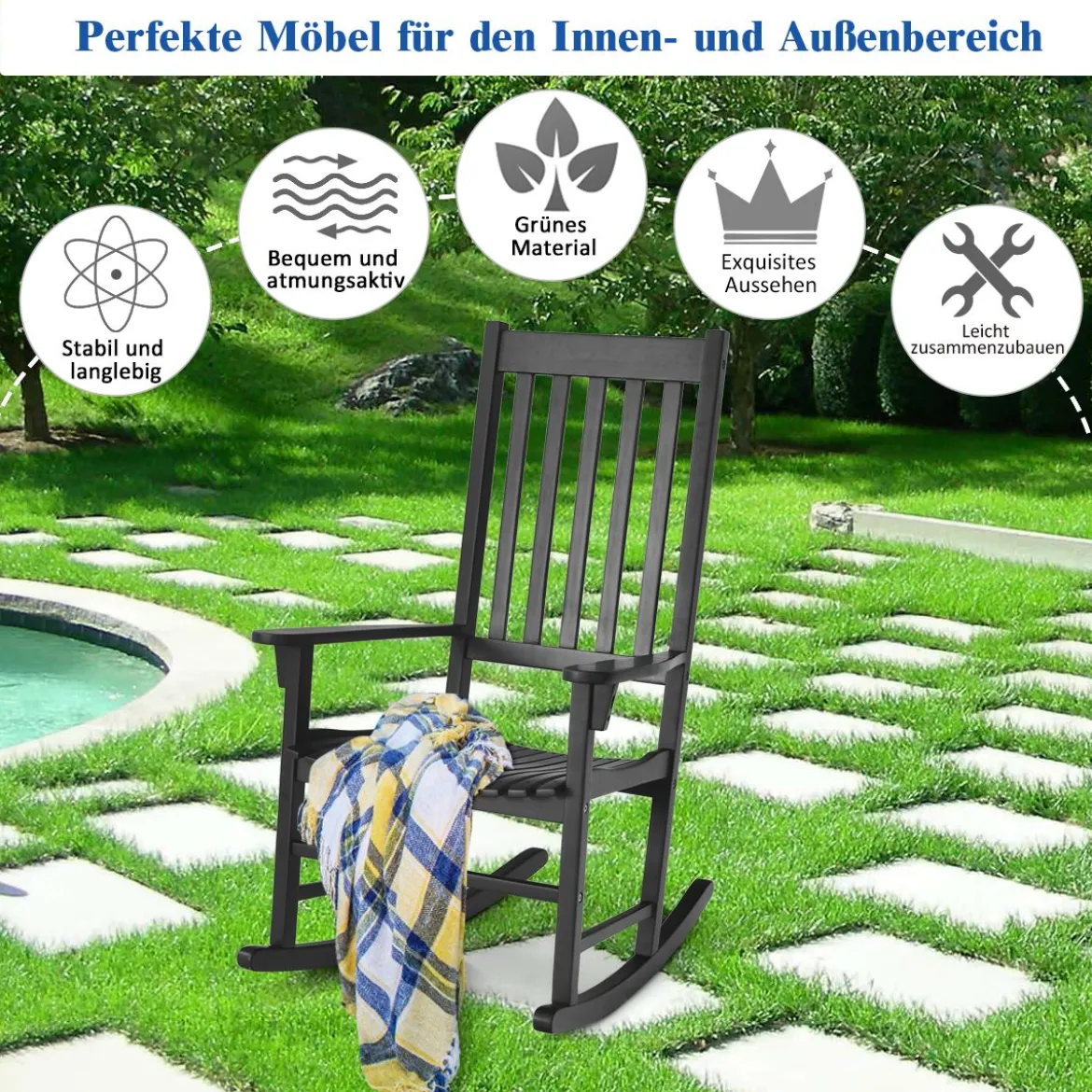Garten Schaukelstuhl Holz Schwingsessel Outdoor-Schaukelstuhl 71 x 84 x 116 cm Schwarz