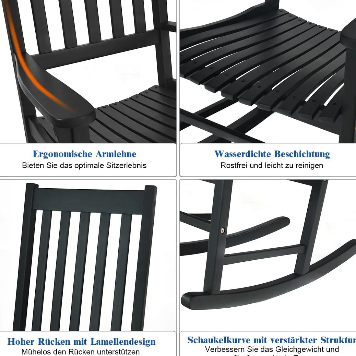 Garten Schaukelstuhl Holz Schwingsessel Outdoor-Schaukelstuhl 71 x 84 x 116 cm Schwarz